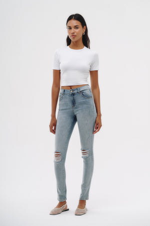 Skinny Jeans Tiro Medio - Azul Roto