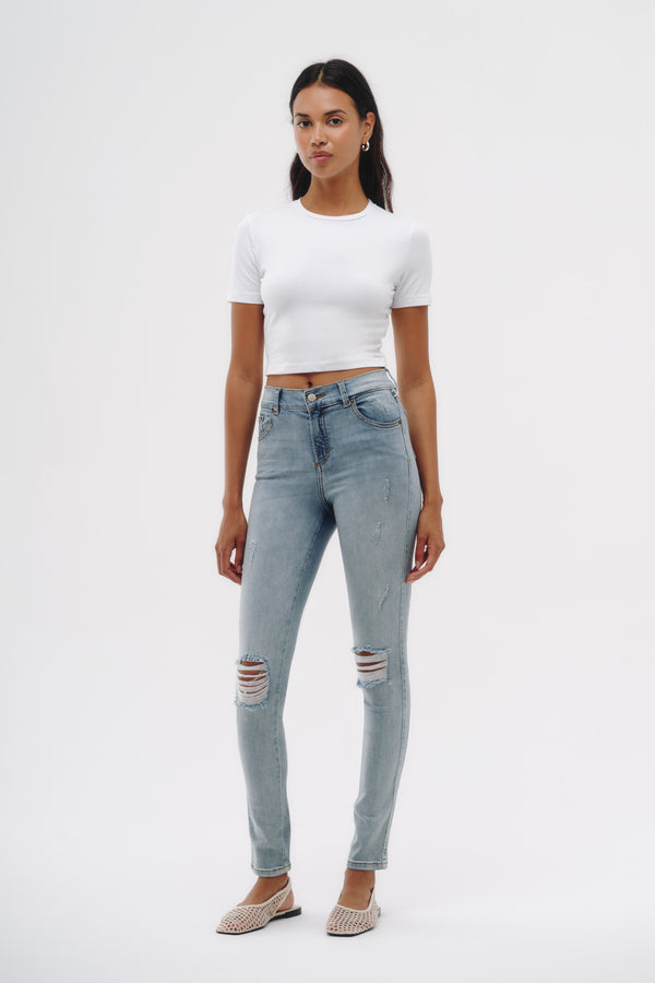 Skinny Jeans Tiro Medio - Azul Roto