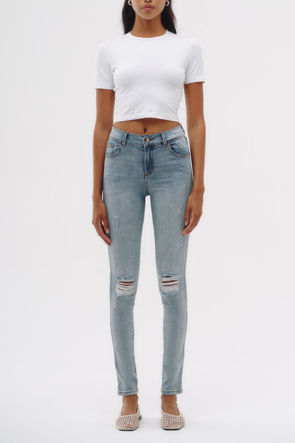 Skinny Jeans Tiro Medio - Azul Roto