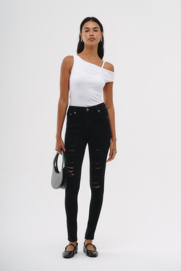 Skinny Jeans Tiro Medio - Azul Roto Vintage